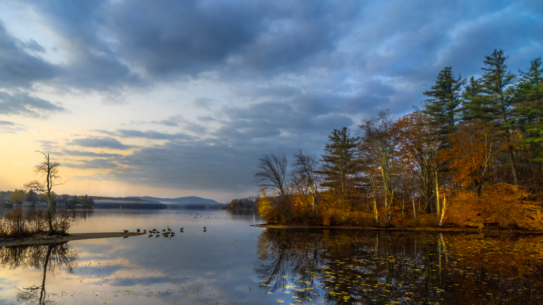 Sunrise over a lake in the Berkshires